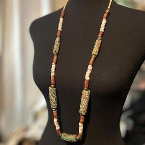 Vintage Handcrafted Green and Brown Beaded Necklace with Patterned Beads